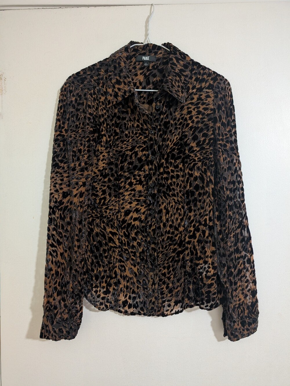 PAIGE Leopard Devore Velvet Silk Blend Sheer Button Down Blouse Top Size 2